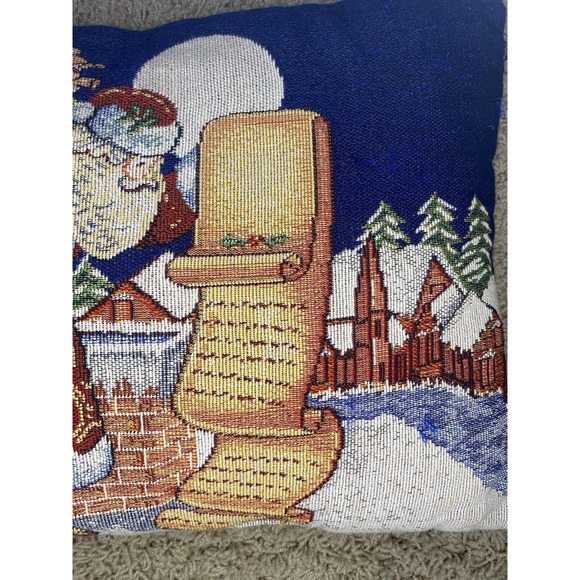 Santa Claus Tapestry Pillow - on roof checking list with bag of toys ~ 17" x 11" - Picture 3 of 9